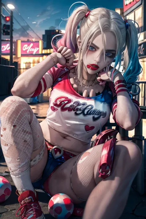 (Harley Quinn, harleyquinn:1.0), blonde pigtails with blue and pink ends, blue eyes, red lipstick, pink and blue eye shadow, heart on cheek, red and black crop top tank top, red and black bottoms, sneakers with pom pom, black necklace, pale white skin, (Co...