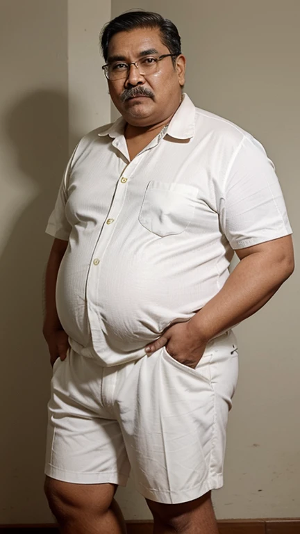 Fat malay oldman with indian looks, fat body, obese, double chin, full white moustache, full white short hair, he is about 90 years old, standing