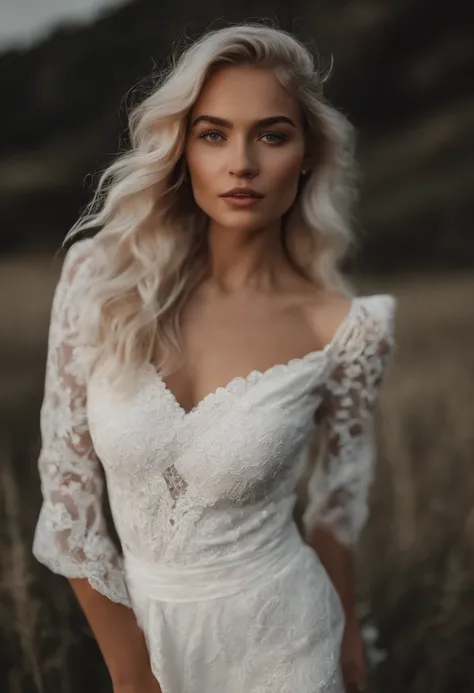 influenceur Instagram féminin blanc réaliste, meilleure qualité, blond, 1 fille, yeux bleus, en robe courte moulante blanche