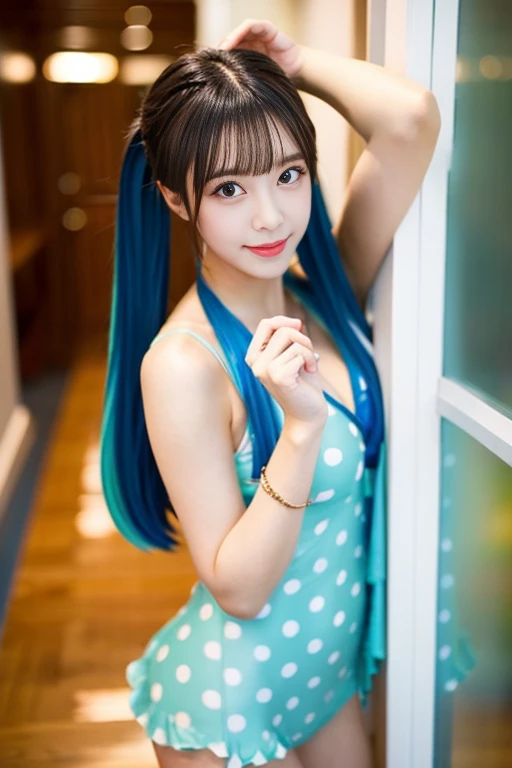 swimsuit、cute rainbow colored hair, idol sculpture, With iridescent hair, ribbon in her hair, idol face、26 year old female, Happy, With twin tails, Perfect symmetrical eyes,green eyes、 clear shining blue eyes, white skin, Silky smooth skin, stand on someth...