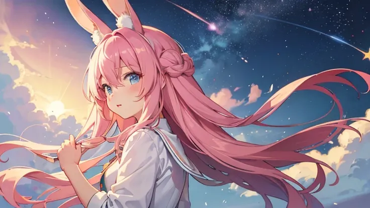 beautiful illustrations, highest quality, pretty girl, pastel colour, fluffy rabbit ears, , pink long hair, rabbit stuffed, starry sky,