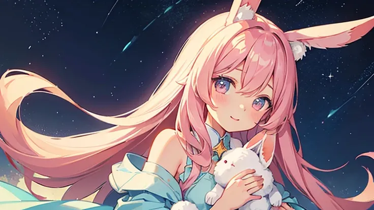 beautiful illustrations, highest quality, pretty girl, pastel colour, fluffy rabbit ears, , pink long hair, rabbit stuffed, starry sky,