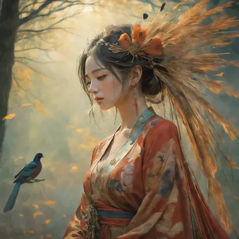 super fine illustration, best quality, theme: "The sorrow of adults who have forgotten to cry" based on a tanka about a pheasant; a beautiful girl adorned in a costume inspired by a pheasant, capturing the essence of the tankas emotions; a serene atmospher...