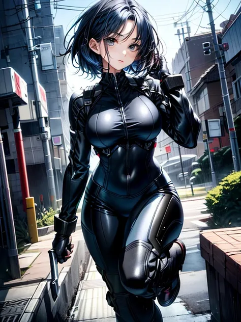 With high image quality、Please draw a teenage woman with a realistic atmosphere.。Her hair is two block short cut、has dark blue hair color、characterized by small breasts。She wears a leather rider suit and high-cut boots