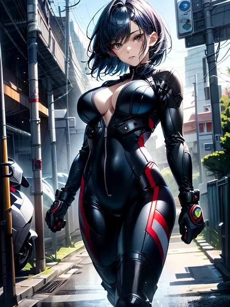 With high image quality、Please draw a teenage woman with a realistic atmosphere.。Her hair is two block short cut、has dark blue hair color、（characterized by small breasts。）She wears a leather rider suit and high-cut boots