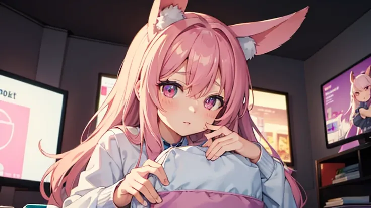 beautiful illustrations, highest quality, pretty girl, pastel colour, fluffy rabbit ears, , pink long hair, rabbit stuffed, bright lighting, pale pink eyes,Clutching a controller while playing a TV game,exactly 5 fingers,In the mood of a gamer girl,Closing...