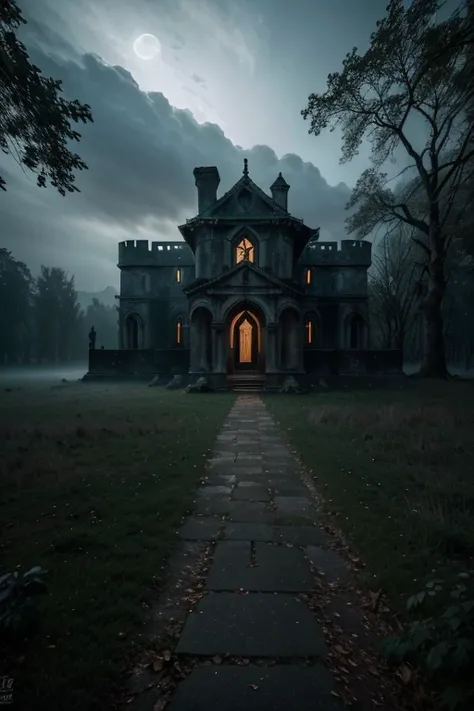 (best quality,4k,8k,highres,masterpiece:1.2),ultra-detailed,(realistic,photorealistic,photo-realistic:1.37),Eerie Places,dark and mysterious,dense fog,surreal atmosphere,moonlit sky,abandoned castle,hauntingly beautiful,crumbling statues,overgrown vegetati...