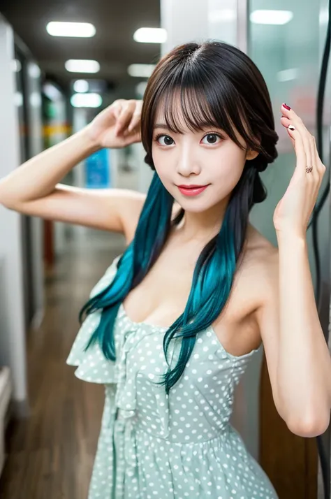 cute rainbow colored hair, idol sculpture, With iridescent hair, ribbon in her hair, idol face、26 year old female, Happy, With twin tails, Perfect symmetrical eyes,green eyes、 clear shining blue eyes, white skin, Silky smooth skin, stand on something flash...