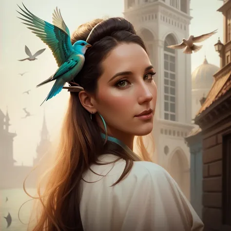 un gros plan d&#39;a woman with birds on her head, hyperrealistic fantasy art, realistic fantasy painting, artgerm julie bell be...