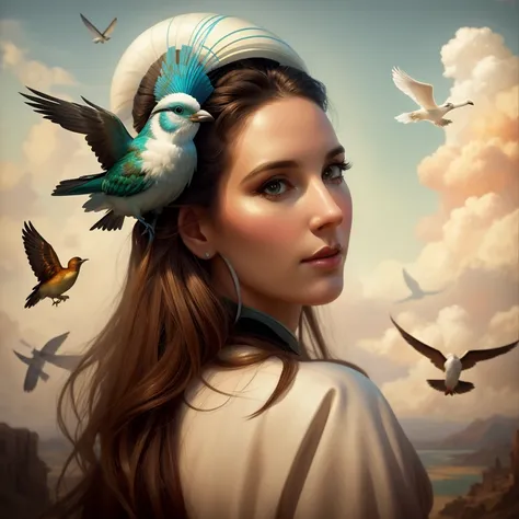 un gros plan d&#39;a woman with birds on her head, hyperrealistic fantasy art, realistic fantasy painting, artgerm julie bell be...