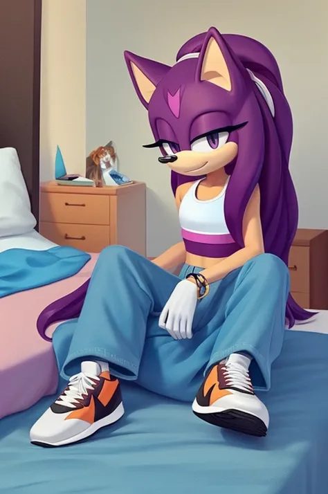 This Mobian is a female fox, she has long flowy hair, her eyes are purple, she has facial markings, and has orange fur. Shes wearing high top Nike sneakers with oversized pants and a crop top. shes in her bedroom, shes sitting on her bed.