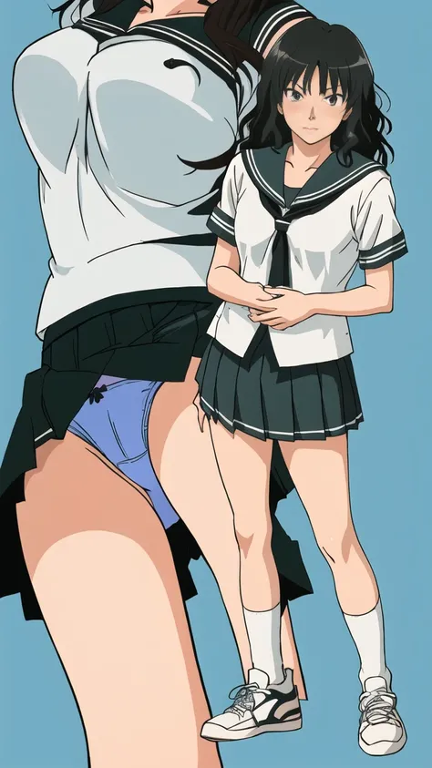 highest quality, ultra high resolution, (realistic: )2D official style cel animation((amagami)),(multiple views),sailor suit,mini skirt,summer shirt,light blue panties,bra,nipple,(loose socks,sneakers)embarrassed face,stare,Beautiful black hair straight,fu...