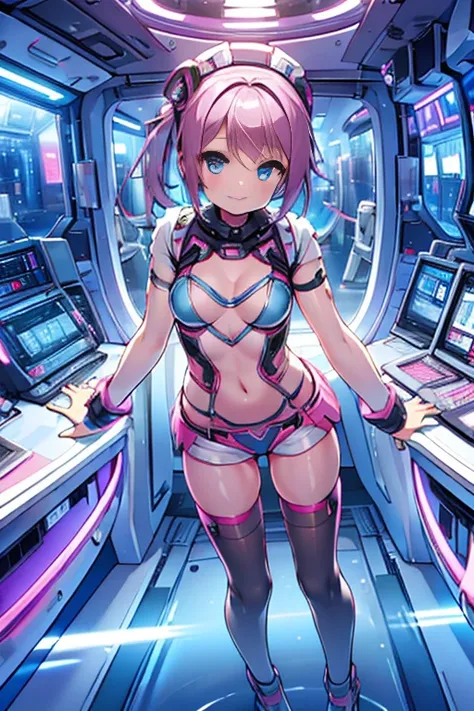 8K, RAW photo, night light, Beautiful cyberpunk style young girl, Light blue and pink shorthair, pink eyes, high resolution skins, Beautiful woman in a black top and short skirt, pose for a photo, Multi-point, 19 years old, reveal her sexy body, hourglass ...