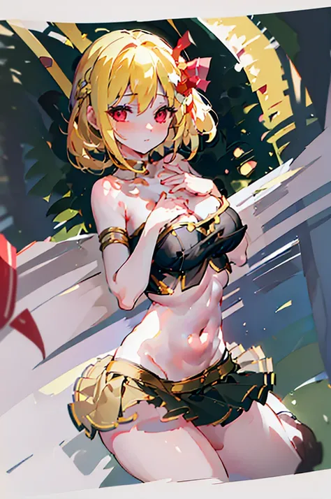 (masterpiece, best quality), best resolution, (ultra-detailed), (3heads:1.5), 1girl, (rumia:1.3), masterpiece, best quality, black top, crop top, ((stomach)), midriff, ((groin)), black skirt, normal ears, shackles, blonde hair, very long hair, wavy hair, s...