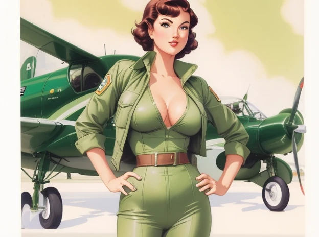 a close up of a woman in a green uniform standing in front of a plane, artgerm and gil elvgren, adam hughes, pinup art, chris moore. artgerm, comic pinup style, by Mark Brooks, mark schultz, pin-up, pin - up, pin up, artgerm and j. dickenson