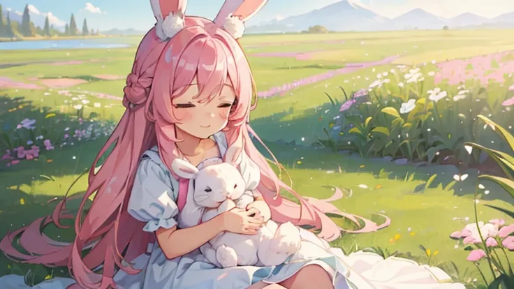 beautiful illustrations, highest quality, pretty girl, pastel colour, fluffy rabbit ears, , pink long hair, rabbit stuffed, Resting in the meadow with eyes closed and holding a rabbit