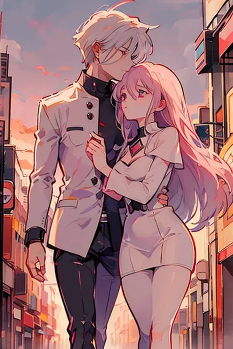 a pink haired woman with violet eyes with an hourglass figure is kissing a white haired handsome man with red eyes on a morning ...