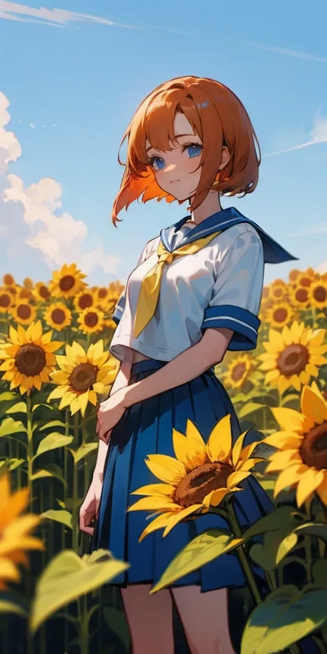 1 girl，beautiful scenery，(masterpiece、highest quality)，short hair,orange hair，sailor uniform，short sleeve,sunflower field,blue sky,yellow tie,blue eyes,