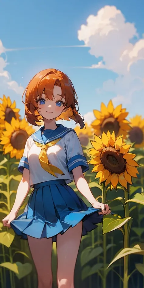 1 girl，beautiful scenery，(masterpiece、highest quality)，short hair,orange hair，sailor uniform，short sleeve,sunflower field,blue s...