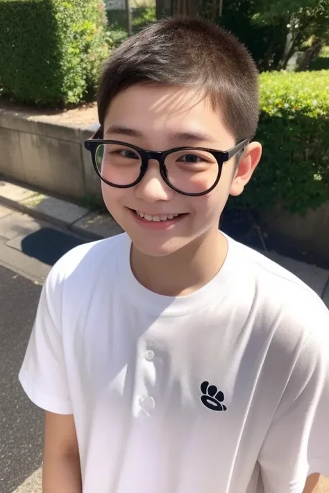 1 boy、14 years old、Japan Boys、shaved head、white cutter shirt、Black-rimmed glasses、Acne on wide forehead、freckles、Throat Buddha、smile、Dimples、white cutter shirt