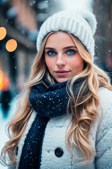 Professional portrait photograph of a beautiful Norwegian girl in winter clothes with long wavy blonde hair, sensual seductive look, (freckles), beautiful symmetrical face, cute natural makeup, beautiful blue eyes, long pretty nose, georgous dimples, weari...