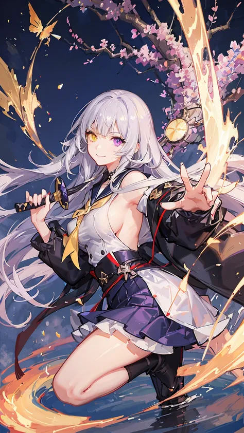 1girl,wearing katana sword,silent smile,nail polish,beautiful illustration ,(heterochromia,purple eye,yellow eye),(big breasts),beautiful face,deep blue long hair,sailor suit,black mini skirt,in the night,moolight,best quality, high quality, masterpiece, H...