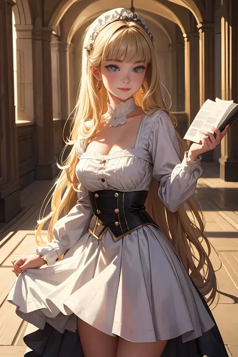 Highly detailed RAW color photos, 15 years old Virginia Otis in a victorian sexy skirt, Pixar style, Bright 3D object style, She has a cartoon smile, Tanned skin and rosy cheeks, Social Contest Winning Photos, skirt, she holds the edge of the skirt with bo...