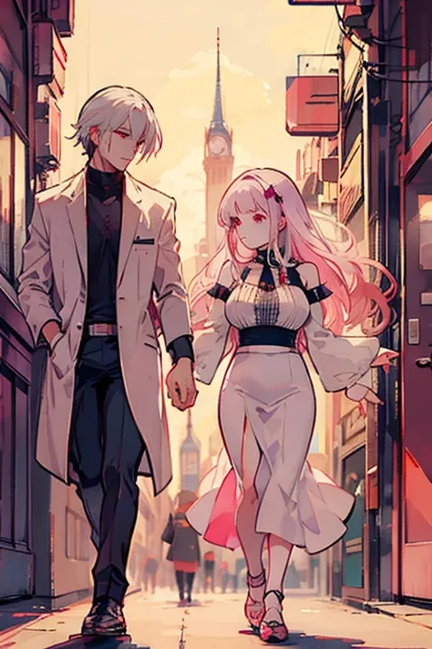 a pink haired woman with violet eyes with an hourglass figure is walking with a white haired handsome man with red eyes  at a co...