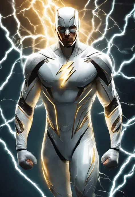 Generates an image of an electric superhero inspired by the style of the Flash. The superhero wears an all-white suit with a white symbol on the chest area that will allow for the placement of a logo. The superhero is running at the speed of light over hig...