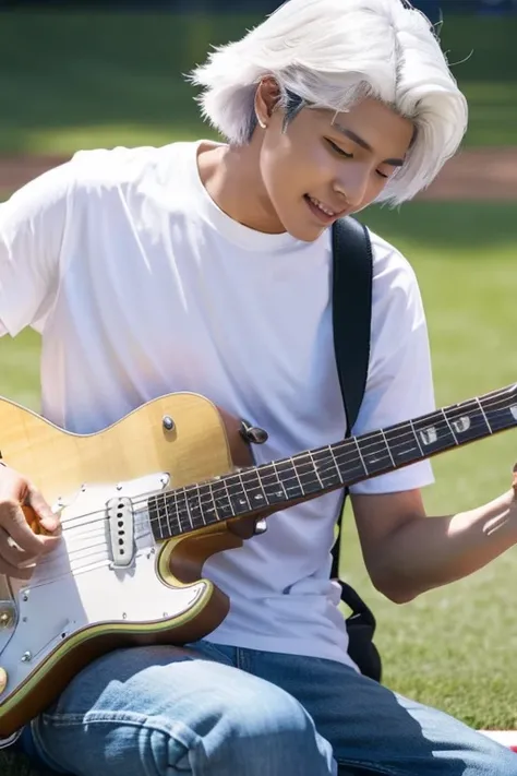 Photo of handsome Korean kpop idol man with white hair, summer, Libidynas, ilford ,playing the guitar、jumping、tattoo on arm、sweat is scattering