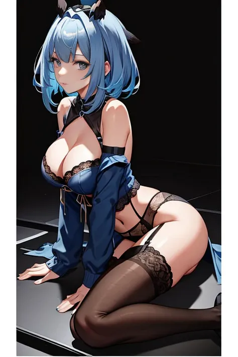 blue hair,,big breasts,underwear,garter belt, black tights, take off clothes,whole body,Put your hands on the floor,behind,butt,nipple