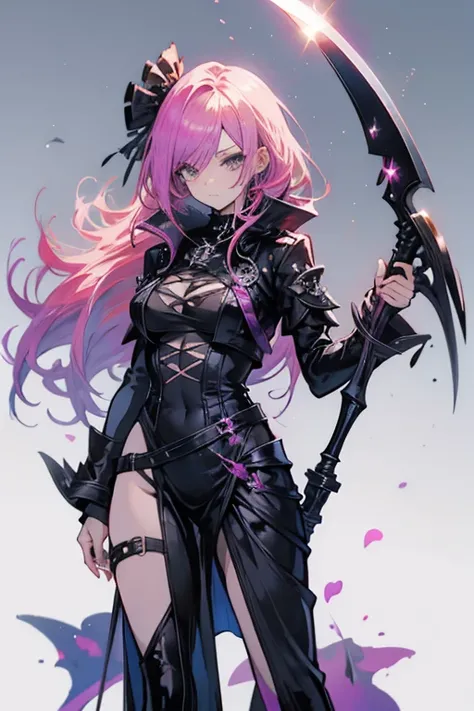 A pink haired female reaper with violet with an hourglass figure is posing with her scythe