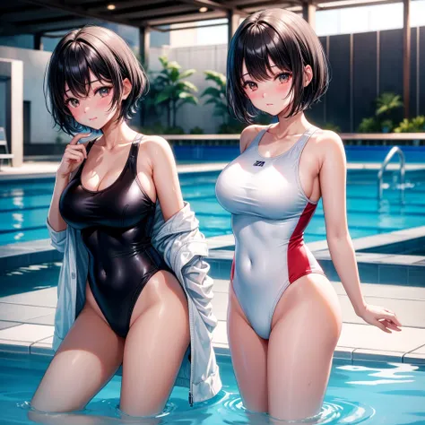 highest quality、one girl、black haired、short hair、beaver、White competitive swimsuit、huge 、blushing face、Poolside in an empty evening、background blur