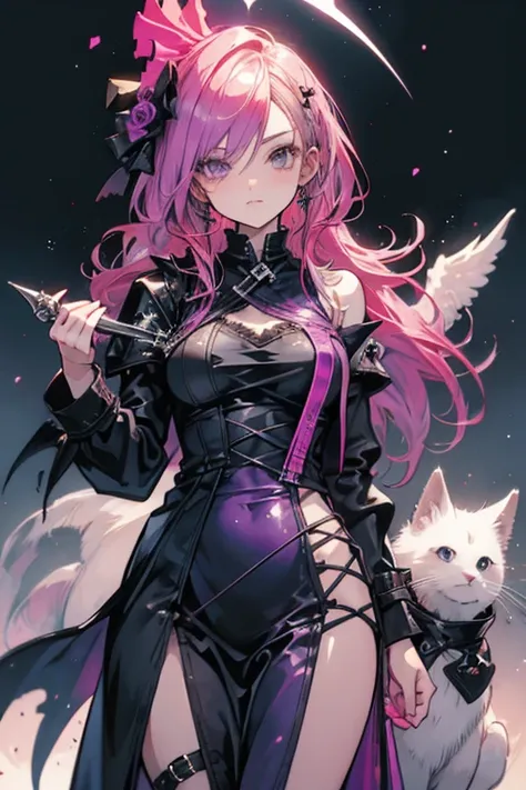 A pink haired female reaper with violet with an hourglass figure is petting a dog  in gothic clothing
