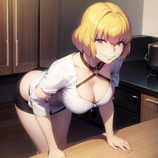 woman around twenty years old, with short blonde hair and delicate features, giving her a cat-like appearance. Cooking, bend over
Smiling,white shirt 