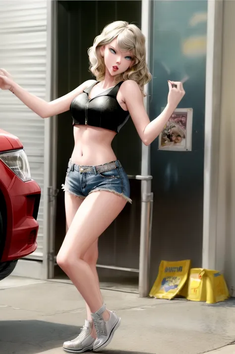 singer taylor swift(age 30), she is dressed as a trailer park queen in daisy dukes and a revealing crop top, she is working a st...