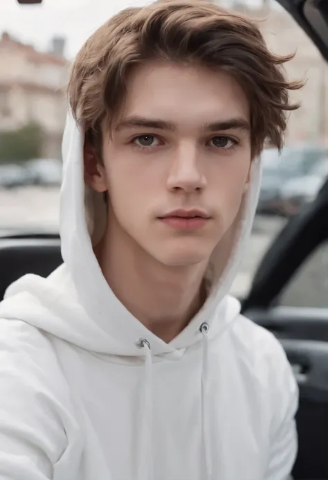 A 17 year old boy in the car, wearing a white hoodie, dark blonde hair, white skin, wearing cargo pants, aesthetic, realistic, portrait with flash, messy hair but cool.