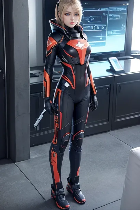 masterpiece, highest quality, realistic, Super detailed, software, head shot, starsector, Sci-fi style suit, High-tech gadgets, Head turned to the right,full body shot