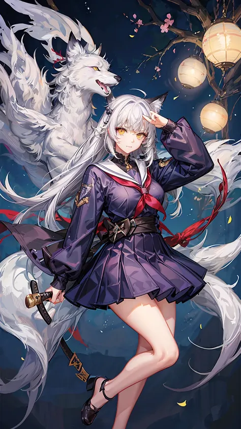 Sfw,1girl,solo,female photo,wearing katana sword,(heterochromia,purple eye,yellow eye),((with white fox)),((big breasts)),beautiful face, navy long hair, sailor suit,red mini skirt,mysterious mood,in the night,moolight,best quality, high quality, masterpie...