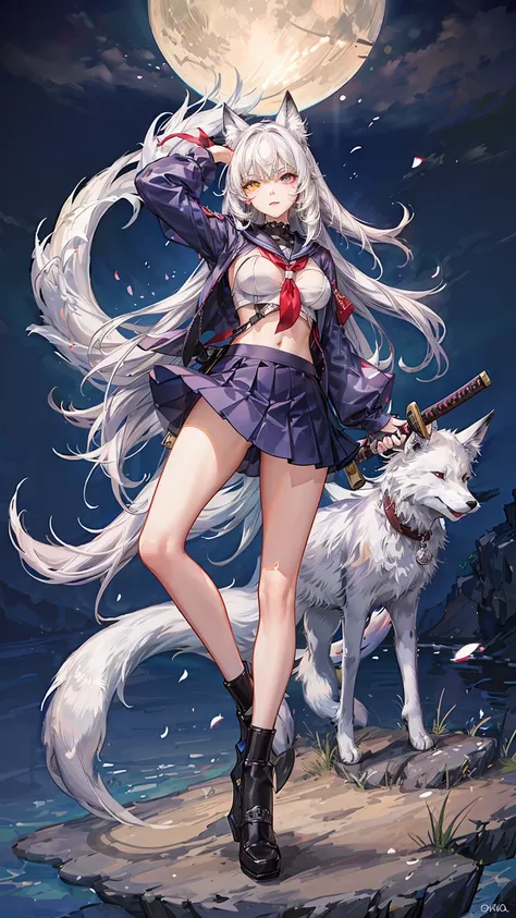 Sfw,1girl,solo,female photo,wearing katana sword,(heterochromia,purple eye,yellow eye),((with white fox)),((big breasts)),beautiful face, navy long hair, sailor suit,red mini skirt,mysterious mood,in the night,moolight,best quality, high quality, masterpie...