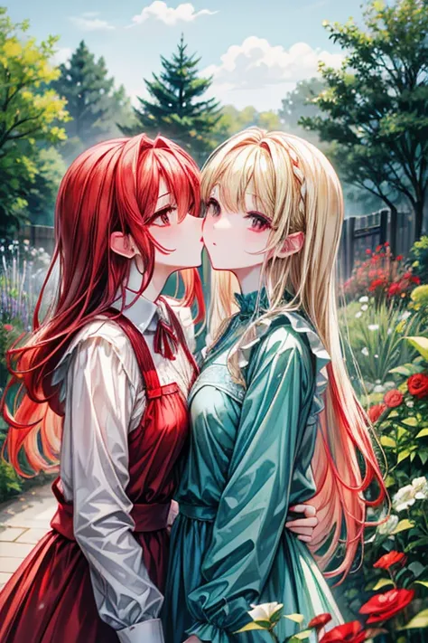 A pretty blonde haired woman with teal eyes is kissing a red haired woman with red eyes in a garden