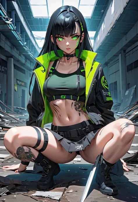 1 girl, solo, long_hair, bangs_between_the_eyes black_hair_with_strands_green, bi_color_ green_neon eyes, sexy_face, HOLDING IN HIS HANDS A SWORD STICKED INTO THE GROUND, cyberpunk_clothes, short_jacket, navel appears, short_skirt, scarred_legs, left_arm_b...