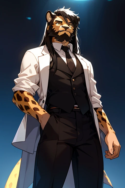 cheetah-human, male, taller, black pants, white t-shirt, solo, non-human, teen, cheetah-man, short hair, formal clothes, solo, cheetah head, black hair, semi long hair, beard, non-human, cheetah face.