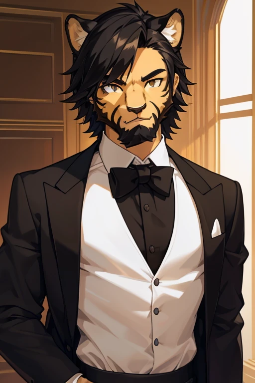 best quality,ultra-detailed,realistic,semi-long black hair,bearded male,formal attire,tall male wearing black pants and a white t-shirt,teenage boy with short hair,a cheetah-human hybrid with the face of a cheetah,solo portrait of a male with the features ...