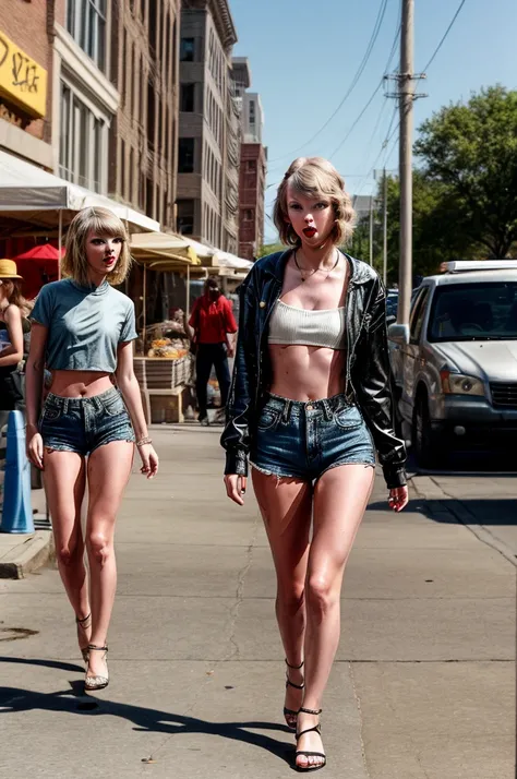 singer Taylor swift(age 30), she is dressed as a trailer park queen in daisy dukes and a revealing crop top, she is working a street corner waiting to get a John, she looks like a tweaker,