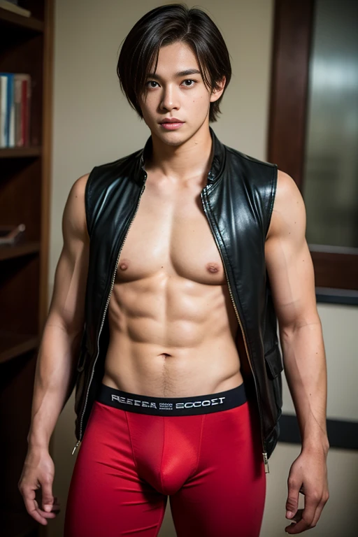 Leon Scott Kennedy Cosplay, a young man, Thai, handsome, takes off his shirt, red underwear, has a junk, can see the whole body, can see the whole thing.