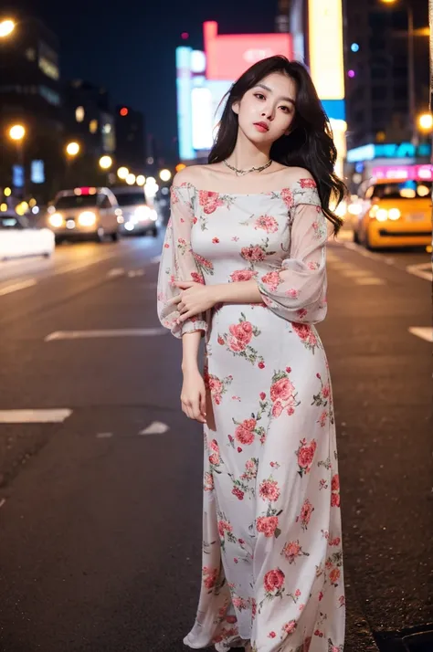 (Cinematic Aesthetic:1.4) Photo of a beautiful korean fashion model bokeh city night,cleevage dress,full sleeve dress,floral disgin,attractive girl,wearing chain on hands,long maxi long as foot,loose dress