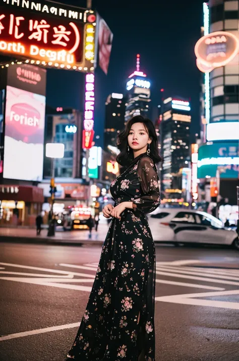 (Cinematic Aesthetic:1.4) Photo of a beautiful korean fashion model bokeh city night,cleevage dress,full sleeve dress,floral disgin,attractive girl,wearing chain on hands,long maxi long as foot,loose dress,black silky dress