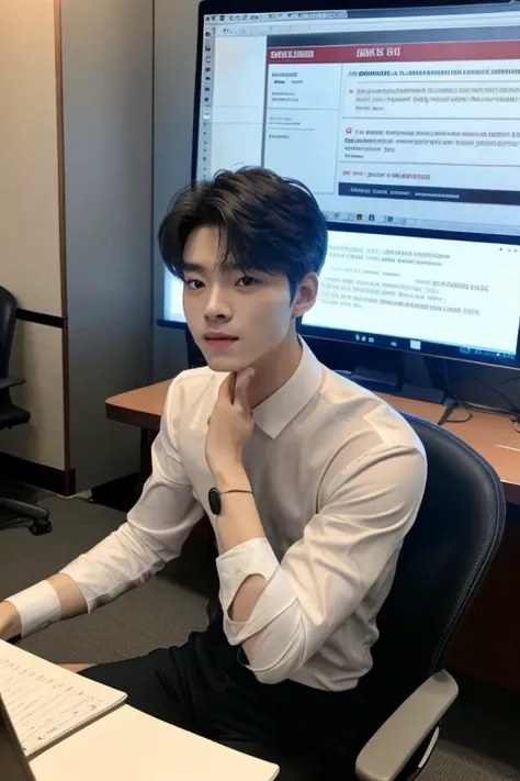 Photo wide angle shot from an iPhone of a handsome korean male whose face structure is similar to Cha Eun Woo, and is muscular and athletic, wearing formal clothes and is currently sitting on a chair in a conference room of a corporate company focusing in ...