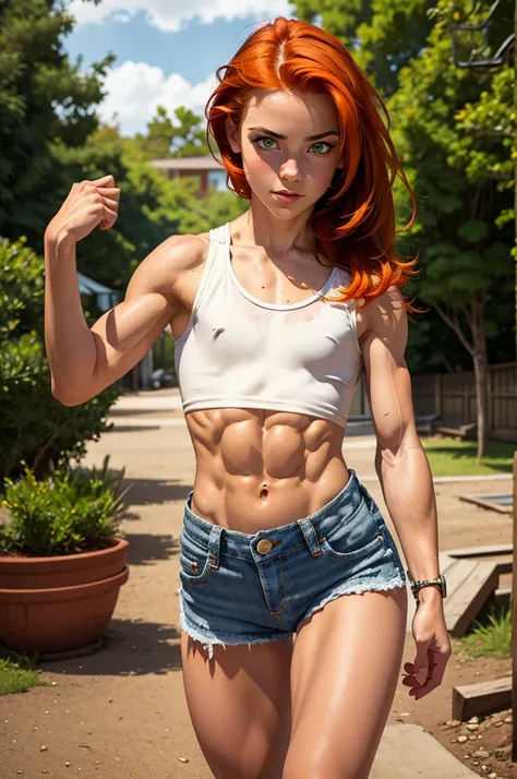 cute girl. shy pose. sexy body shape. white tank top. mini skirt jeans. on her daily life outdoor activity. Very beautiful 13 years old girl. strong arms, muscular thighs, ripped muscles, six pack abs, muscle arms, muscular, flat chest, Caucasian, tomboy, ...